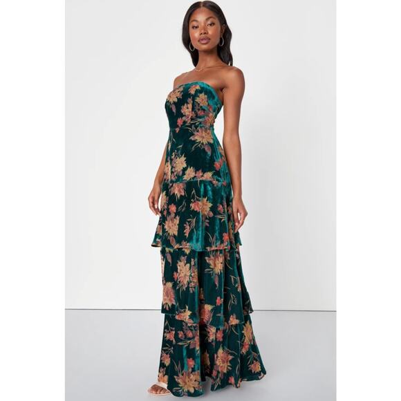NWT Lulus Real Allure Emerald Green Burnout Velvet Floral Strapless Maxi Dress - Picture 3 of 15